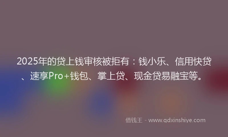 2025年的贷上钱审核被拒有：钱小乐、信用快贷、速享Pro+钱包、掌上贷、现金贷易融宝等。