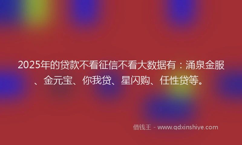 2025年的贷款不看征信不看大数据有：涌泉金服、金元宝、你我贷、星闪购、任性贷等。