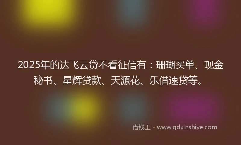 2025年的达飞云贷不看征信有：珊瑚买单、现金秘书、星辉贷款、天源花、乐借速贷等。