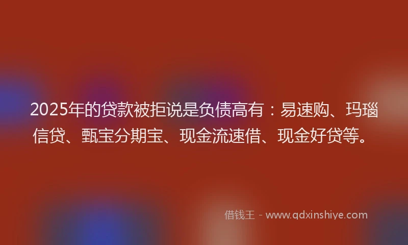 2025年的贷款被拒说是负债高有：易速购、玛瑙信贷、甄宝分期宝、现金流速借、现金好贷等。