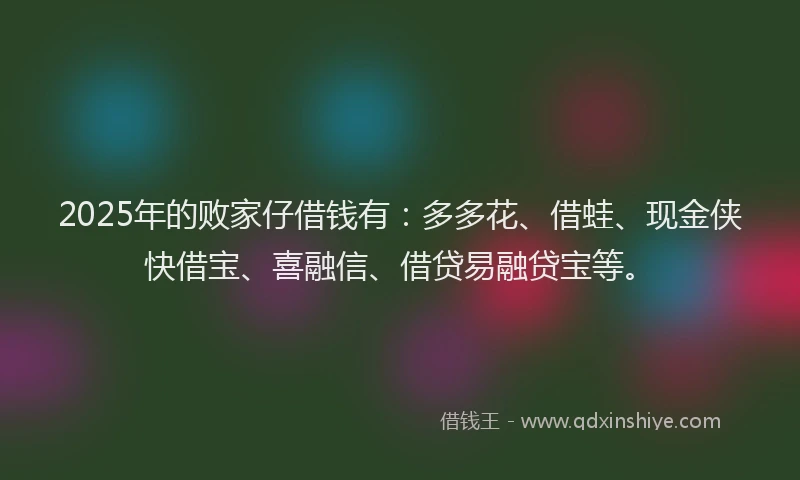 2025年的败家仔借钱有：多多花、借蛙、现金侠快借宝、喜融信、借贷易融贷宝等。