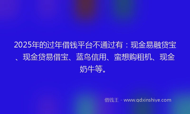 2025年的过年借钱平台不通过有：现金易融贷宝、现金贷易借宝、蓝鸟信用、蛮想购租机、现金奶牛等。