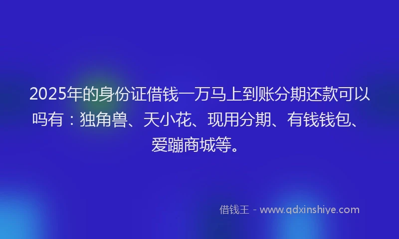2025年的身份证借钱一万马上到账分期还款可以吗有：独角兽、天小花、现用分期、有钱钱包、爱蹦商城等。