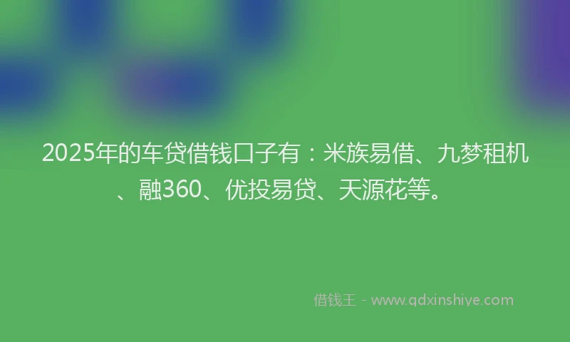 2025年的车贷借钱口子有：米族易借、九梦租机、融360、优投易贷、天源花等。