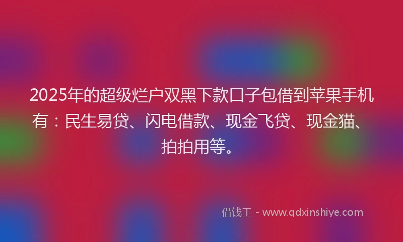 2025年的超级烂户双黑下款口子包借到苹果手机有：民生易贷、闪电借款、现金飞贷、现金猫、拍拍用等。