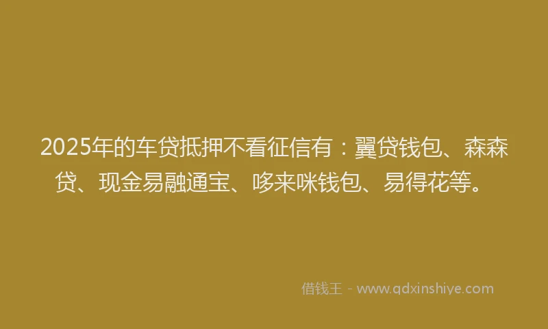 2025年的车贷抵押不看征信有：翼贷钱包、森森贷、现金易融通宝、哆来咪钱包、易得花等。