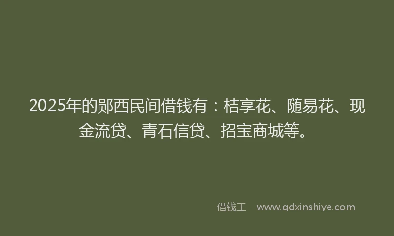 2025年的郧西民间借钱有：桔享花、随易花、现金流贷、青石信贷、招宝商城等。