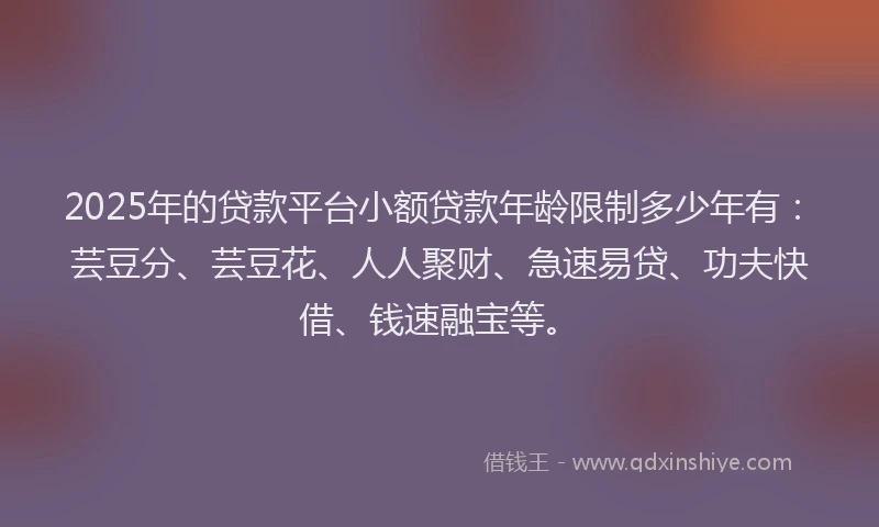 2025年的贷款平台小额贷款年龄限制多少年有：芸豆分、芸豆花、人人聚财、急速易贷、功夫快借、钱速融宝等。
