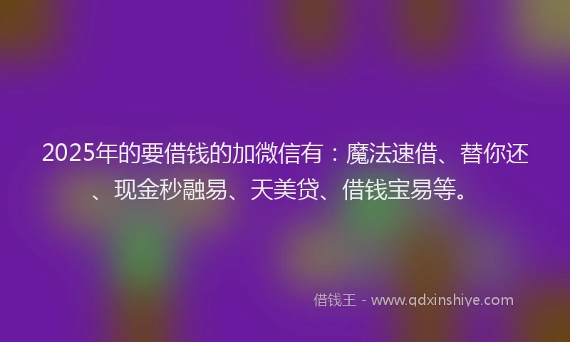 2025年的要借钱的加微信有：魔法速借、替你还、现金秒融易、天美贷、借钱宝易等。