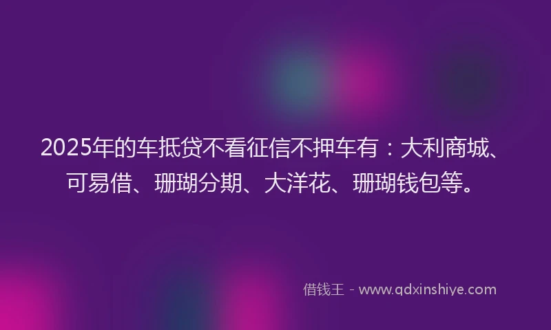 2025年的车抵贷不看征信不押车有：大利商城、可易借、珊瑚分期、大洋花、珊瑚钱包等。