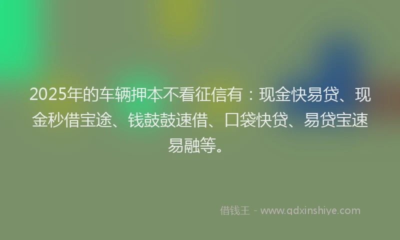 2025年的车辆押本不看征信有：现金快易贷、现金秒借宝途、钱鼓鼓速借、口袋快贷、易贷宝速易融等。