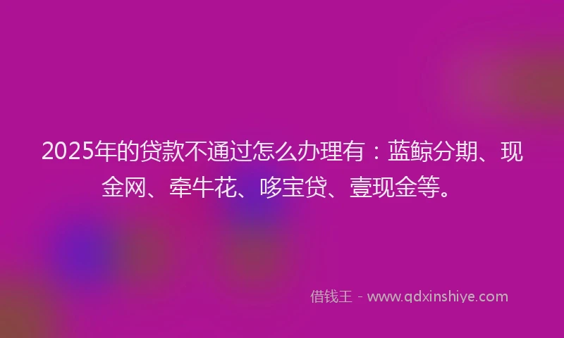 2025年的贷款不通过怎么办理有：蓝鲸分期、现金网、牵牛花、哆宝贷、壹现金等。