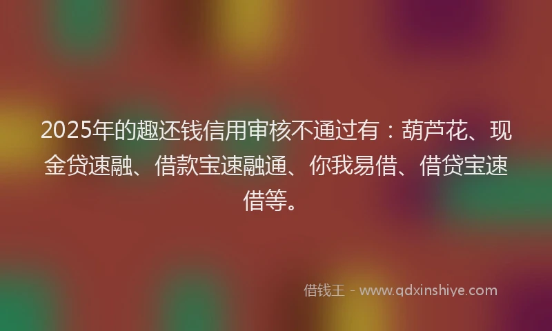 2025年的趣还钱信用审核不通过有：葫芦花、现金贷速融、借款宝速融通、你我易借、借贷宝速借等。