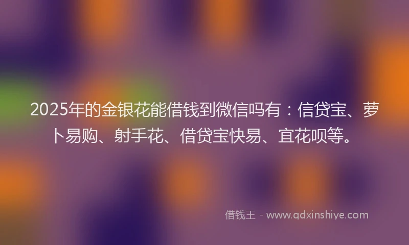 2025年的金银花能借钱到微信吗有：信贷宝、萝卜易购、射手花、借贷宝快易、宜花呗等。