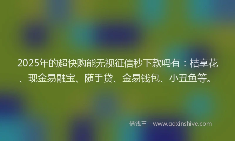 2025年的超快购能无视征信秒下款吗有：桔享花、现金易融宝、随手贷、金易钱包、小丑鱼等。