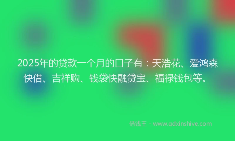 2025年的贷款一个月的口子有：天浩花、爱鸿森快借、吉祥购、钱袋快融贷宝、福禄钱包等。
