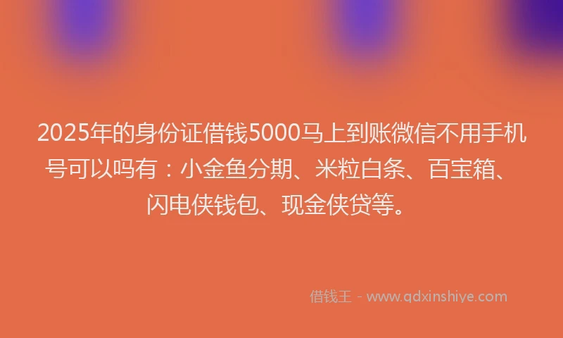 2025年的身份证借钱5000马上到账微信不用手机号可以吗有：小金鱼分期、米粒白条、百宝箱、闪电侠钱包、现金侠贷等。