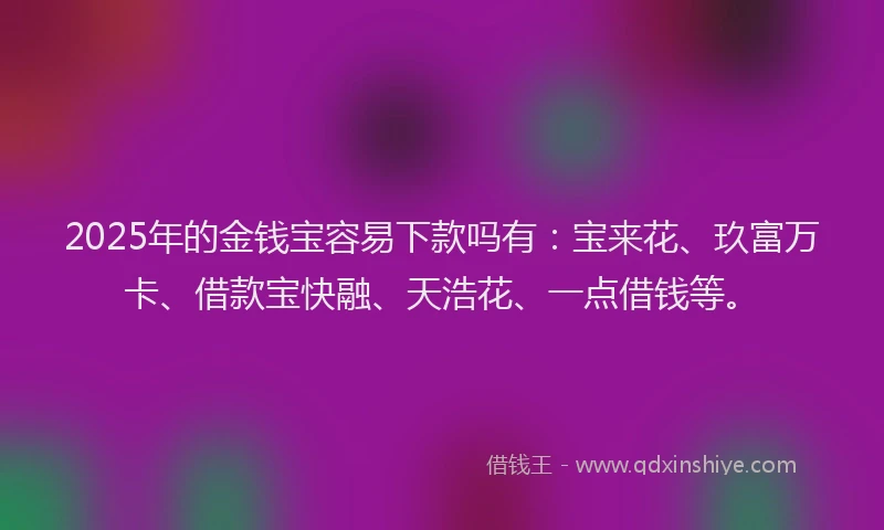 2025年的金钱宝容易下款吗有：宝来花、玖富万卡、借款宝快融、天浩花、一点借钱等。