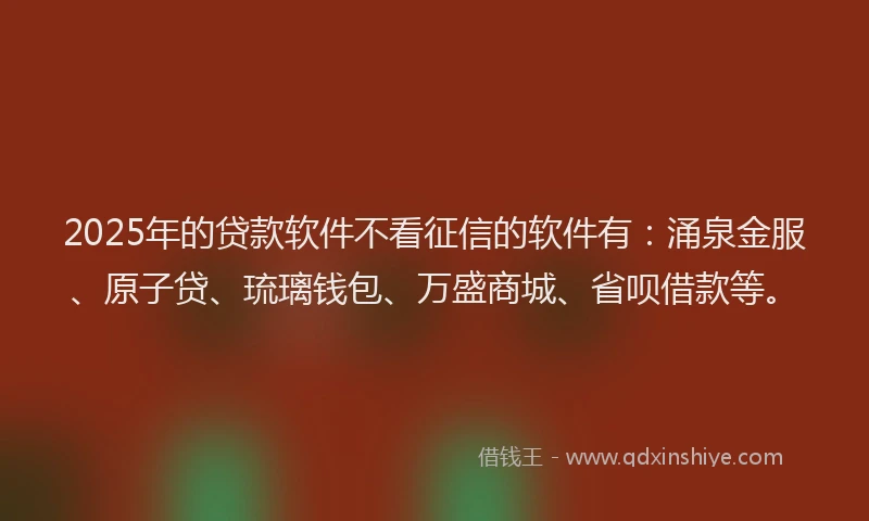2025年的贷款软件不看征信的软件有：涌泉金服、原子贷、琉璃钱包、万盛商城、省呗借款等。