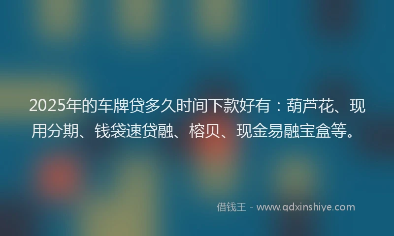 2025年的车牌贷多久时间下款好有：葫芦花、现用分期、钱袋速贷融、榕贝、现金易融宝盒等。
