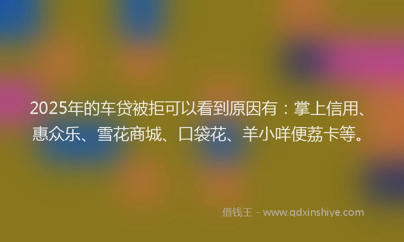 2025年的车贷被拒可以看到原因有：掌上信用、惠众乐、雪花商城、口袋花、羊小咩便荔卡等。