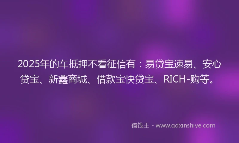 2025年的车抵押不看征信有：易贷宝速易、安心贷宝、新鑫商城、借款宝快贷宝、RICH-购等。