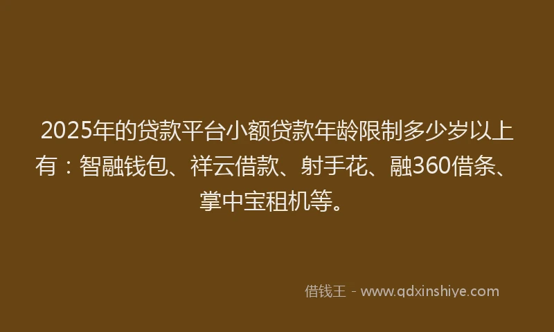 2025年的贷款平台小额贷款年龄限制多少岁以上有：智融钱包、祥云借款、射手花、融360借条、掌中宝租机等。