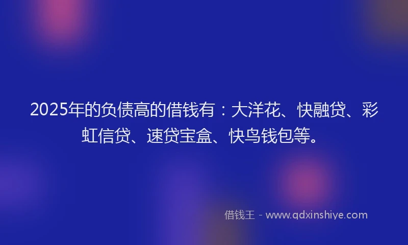 2025年的负债高的借钱有：大洋花、快融贷、彩虹信贷、速贷宝盒、快鸟钱包等。