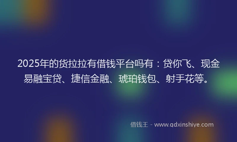 2025年的货拉拉有借钱平台吗有：贷你飞、现金易融宝贷、捷信金融、琥珀钱包、射手花等。