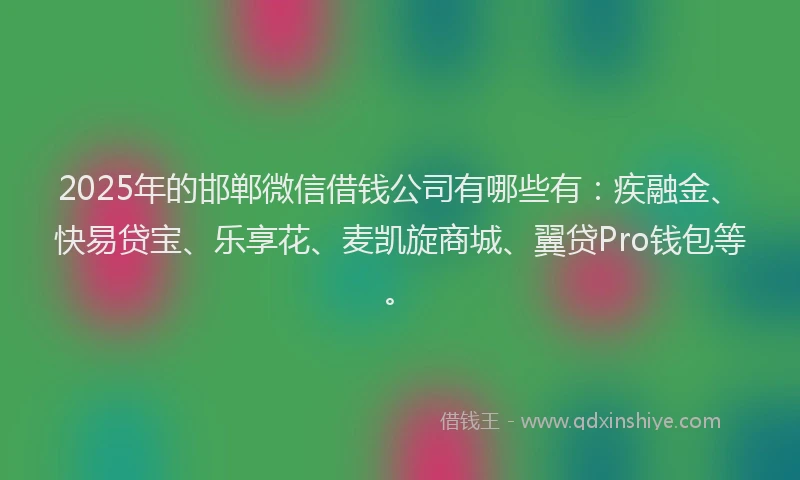 2025年的邯郸微信借钱公司有哪些有：疾融金、快易贷宝、乐享花、麦凯旋商城、翼贷Pro钱包等。