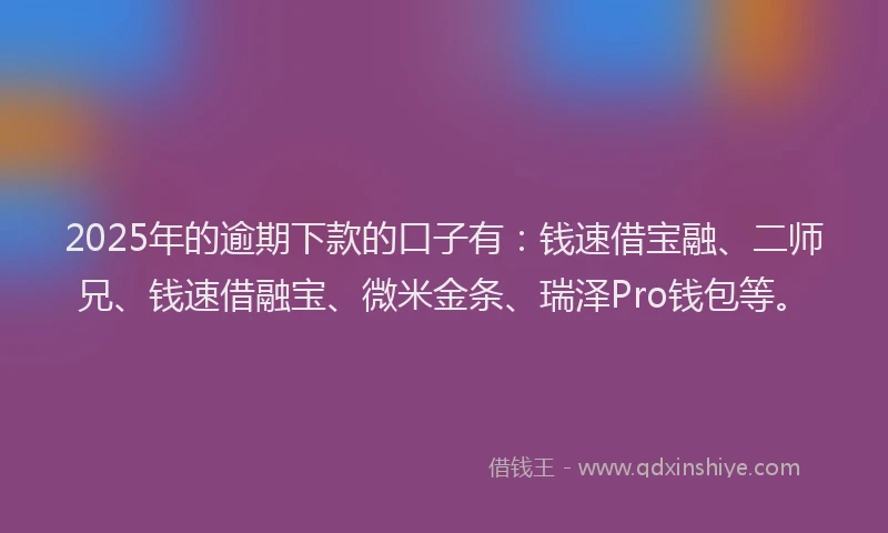 2025年的逾期下款的口子有：钱速借宝融、二师兄、钱速借融宝、微米金条、瑞泽Pro钱包等。