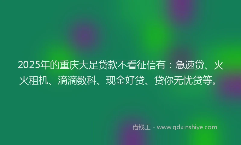 2025年的重庆大足贷款不看征信有：急速贷、火火租机、滴滴数科、现金好贷、贷你无忧贷等。