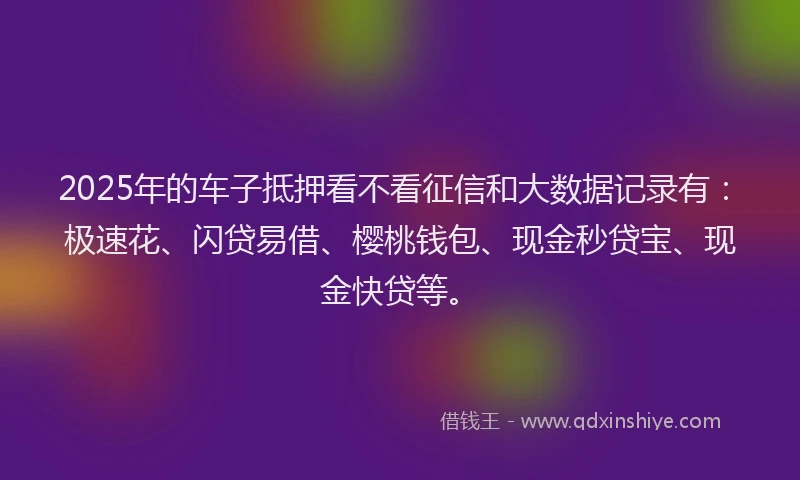 2025年的车子抵押看不看征信和大数据记录有：极速花、闪贷易借、樱桃钱包、现金秒贷宝、现金快贷等。