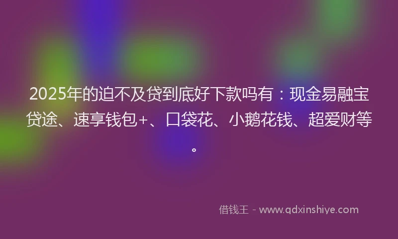 2025年的迫不及贷到底好下款吗有：现金易融宝贷途、速享钱包+、口袋花、小鹅花钱、超爱财等。