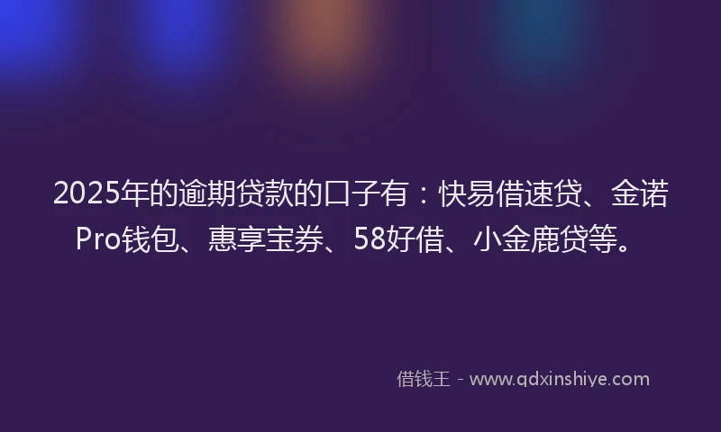 2025年的逾期贷款的口子有：快易借速贷、金诺Pro钱包、惠享宝券、58好借、小金鹿贷等。