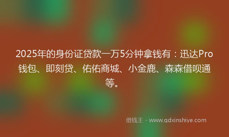 2025年的身份证贷款一万5分钟拿钱有：迅达Pro钱包、即刻贷、佑佑商城、小金鹿、森森借呗通等。