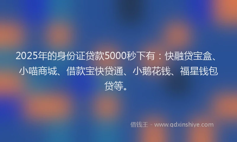 2025年的身份证贷款5000秒下有：快融贷宝盒、小喵商城、借款宝快贷通、小鹅花钱、福星钱包贷等。