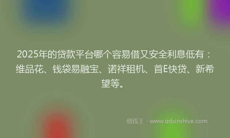 2025年的贷款平台哪个容易借又安全利息低有：维品花、钱袋易融宝、诺祥租机、首E快贷、新希望等。