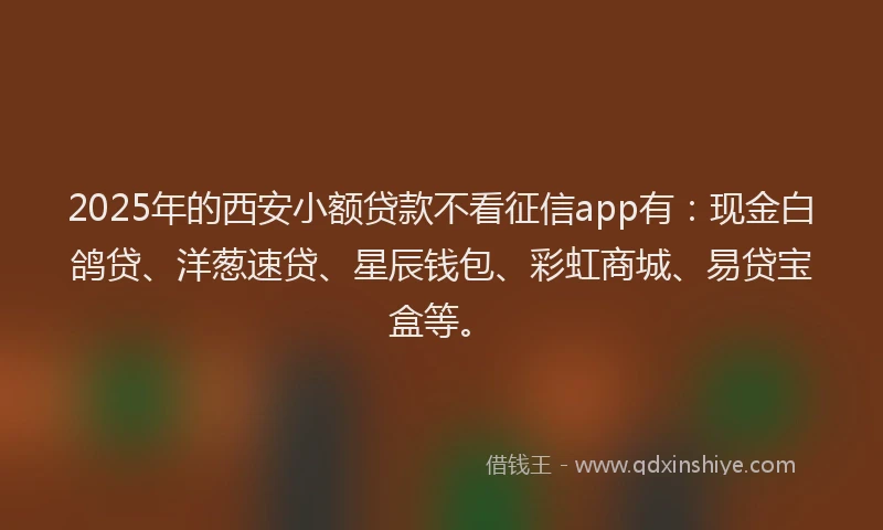 2025年的西安小额贷款不看征信app有：现金白鸽贷、洋葱速贷、星辰钱包、彩虹商城、易贷宝盒等。