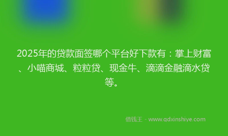 2025年的贷款面签哪个平台好下款有：掌上财富、小喵商城、粒粒贷、现金牛、滴滴金融滴水贷等。