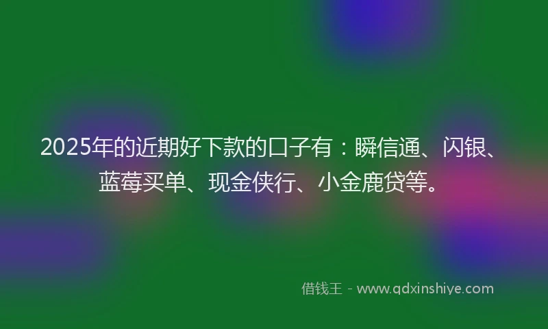 2025年的近期好下款的口子有：瞬信通、闪银、蓝莓买单、现金侠行、小金鹿贷等。