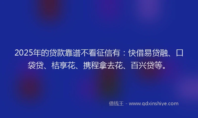 2025年的贷款靠谱不看征信有：快借易贷融、口袋贷、桔享花、携程拿去花、百兴贷等。