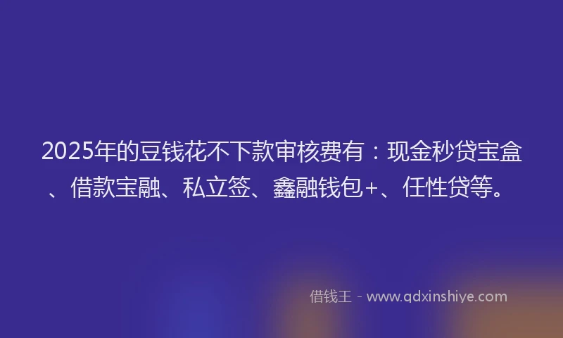 2025年的豆钱花不下款审核费有：现金秒贷宝盒、借款宝融、私立签、鑫融钱包+、任性贷等。