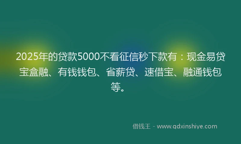 2025年的贷款5000不看征信秒下款有：现金易贷宝盒融、有钱钱包、省薪贷、速借宝、融通钱包等。