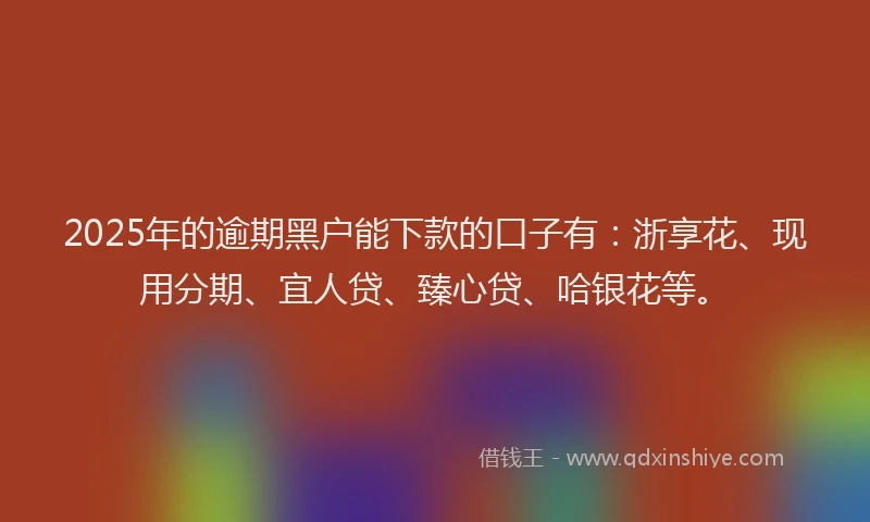 2025年的逾期黑户能下款的口子有：浙享花、现用分期、宜人贷、臻心贷、哈银花等。