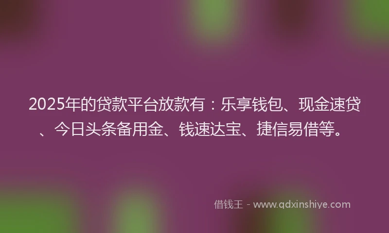 2025年的贷款平台放款有：乐享钱包、现金速贷、今日头条备用金、钱速达宝、捷信易借等。