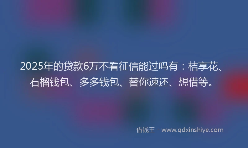 2025年的贷款6万不看征信能过吗有：桔享花、石榴钱包、多多钱包、替你速还、想借等。