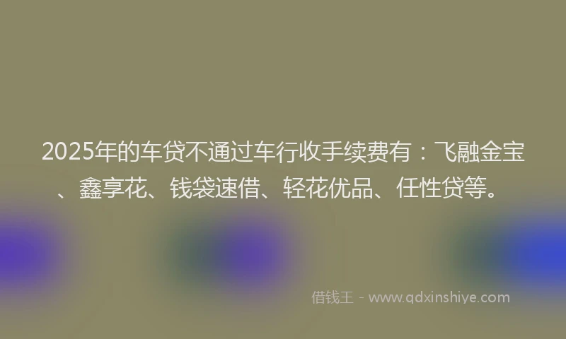 2025年的车贷不通过车行收手续费有：飞融金宝、鑫享花、钱袋速借、轻花优品、任性贷等。
