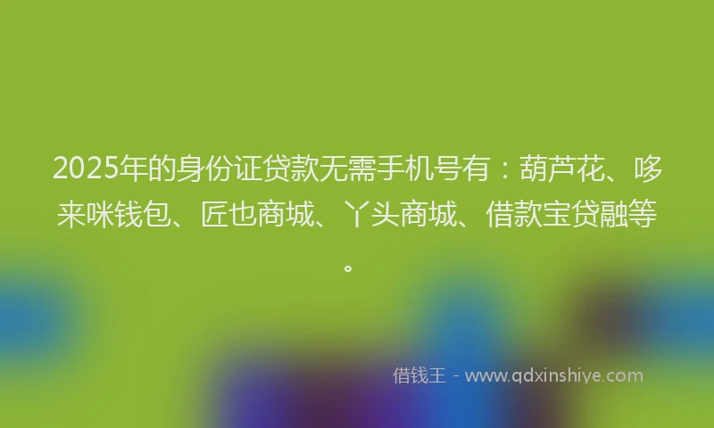 2025年的身份证贷款无需手机号有：葫芦花、哆来咪钱包、匠也商城、丫头商城、借款宝贷融等。