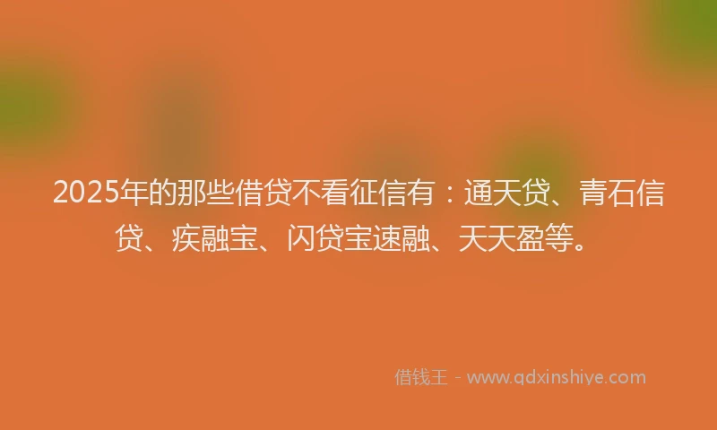 2025年的那些借贷不看征信有：通天贷、青石信贷、疾融宝、闪贷宝速融、天天盈等。